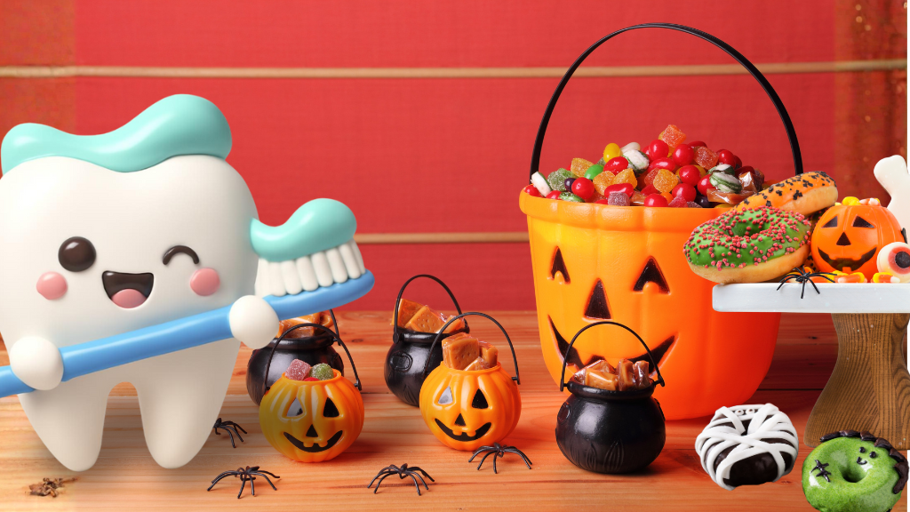 Smiling cartoon tooth holding a toothbrush next to Halloween candy buckets and treats, promoting post-Halloween dental care and cavity prevention at Cheer Dental in San Jose.