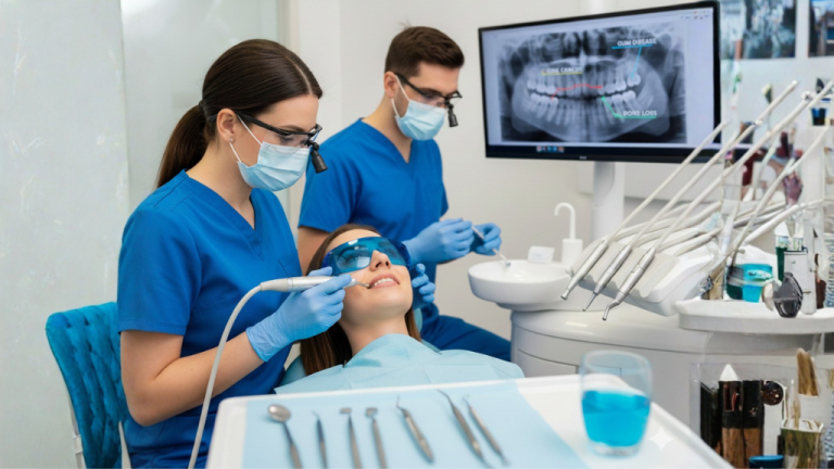 Professional dental cleaning procedure to remove plaque and maintain oral health in a dental clinic.