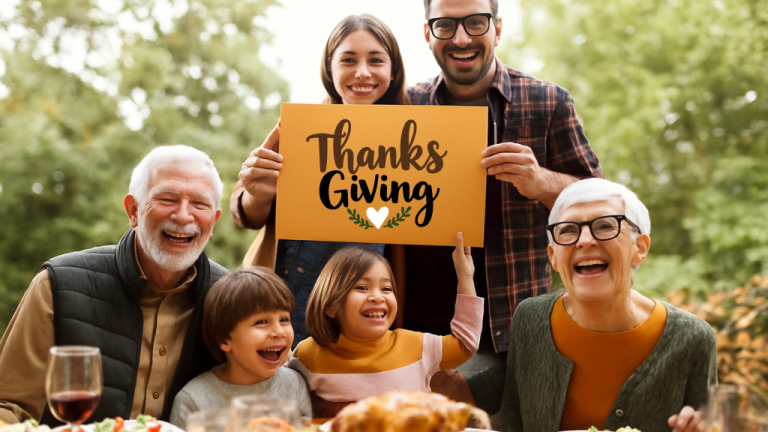 A happy family sitting together and holding a Thanksgiving sign while enjoying a meal outdoors.