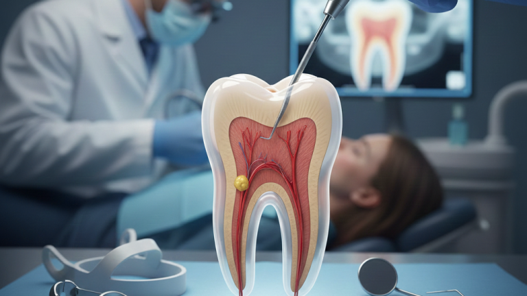 Root canal treatment procedure showing a detailed tooth anatomy model with nerves and canals, while a dentist performs endodontic therapy on a patient in a modern dental clinic.