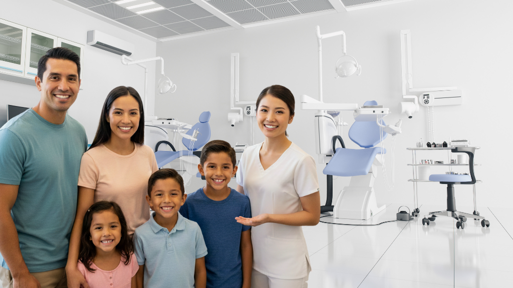 Happy family visiting Cheer Dental, posing with a dentist in a clean, modern dental office