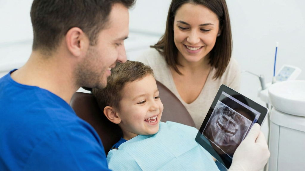Early orthodontic evaluation for a child as parents review dental X-ray with the dentist during a pediatric dental visit.