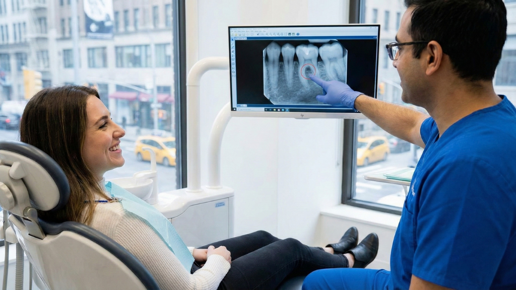 Dentist reviewing dental X-ray with patient to identify early signs of cavities and oral health issues