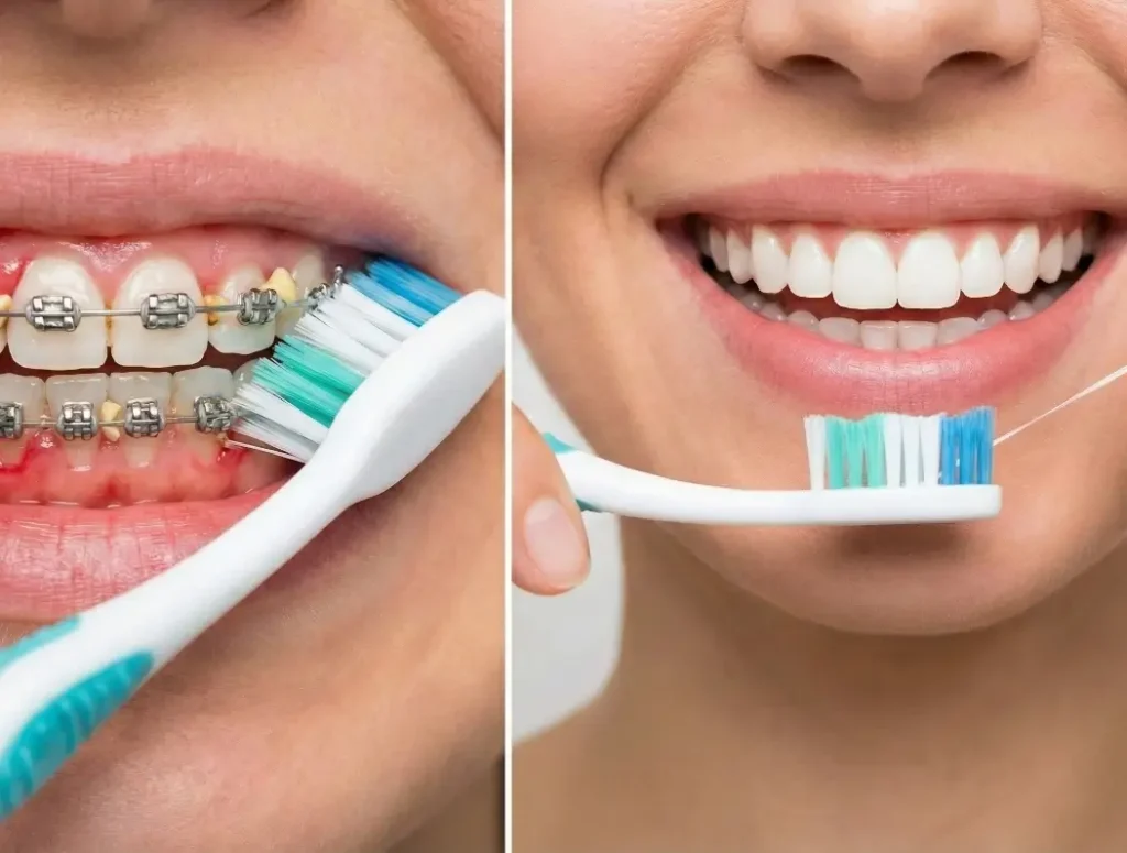 A girl brushing her teeth, shown before and after dental treatment.