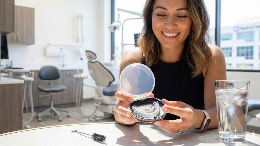 "Patient holding clear aligners and smiling during orthodontic consultation at Cheer Dental