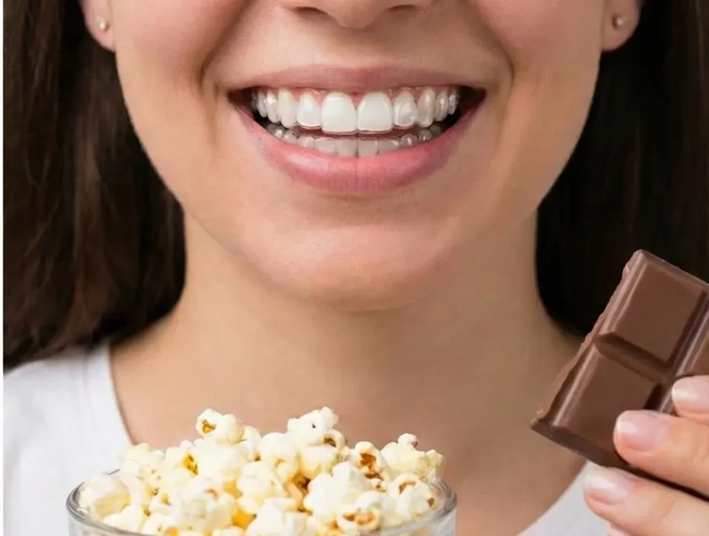 The girl is enjoying chocolate and popcorn while showing her white teeth.