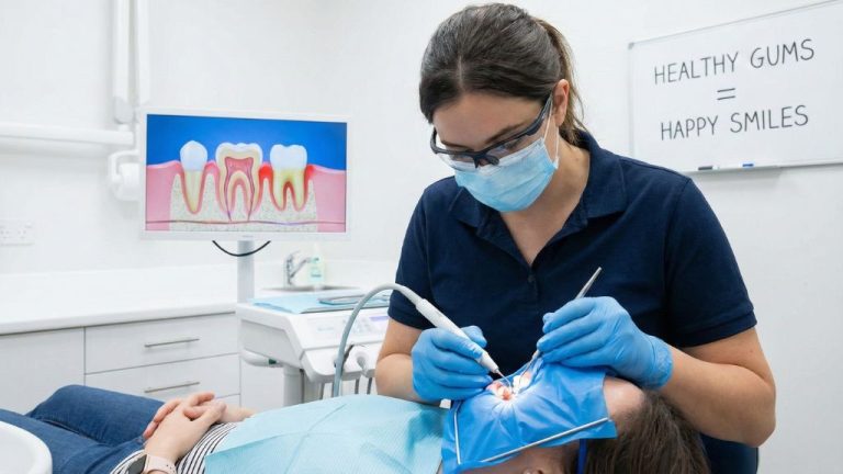 Dental hygienist performing scaling and root planing deep cleaning treatment at Cheer Dental