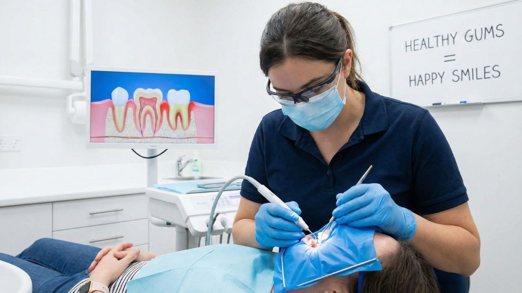 Dental hygienist performing scaling and root planing deep cleaning treatment at Cheer Dental