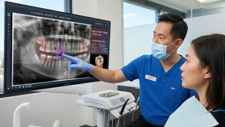 dentist and patient watching a dental x-ray